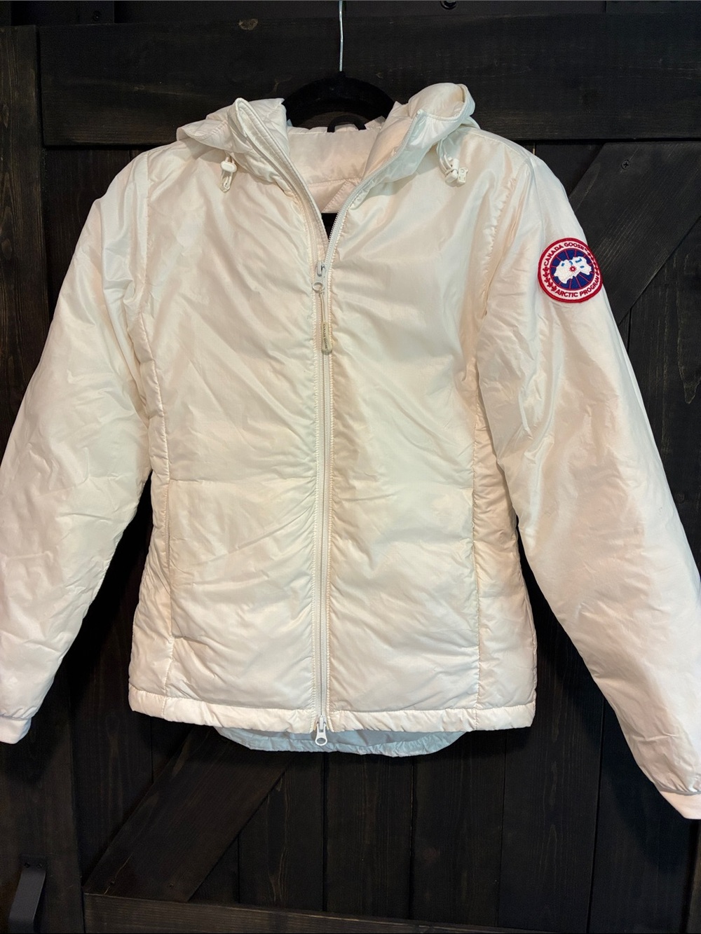 Canada Goose Woman XS White Hooded Puffer Coat with Logo Patch (light weight)